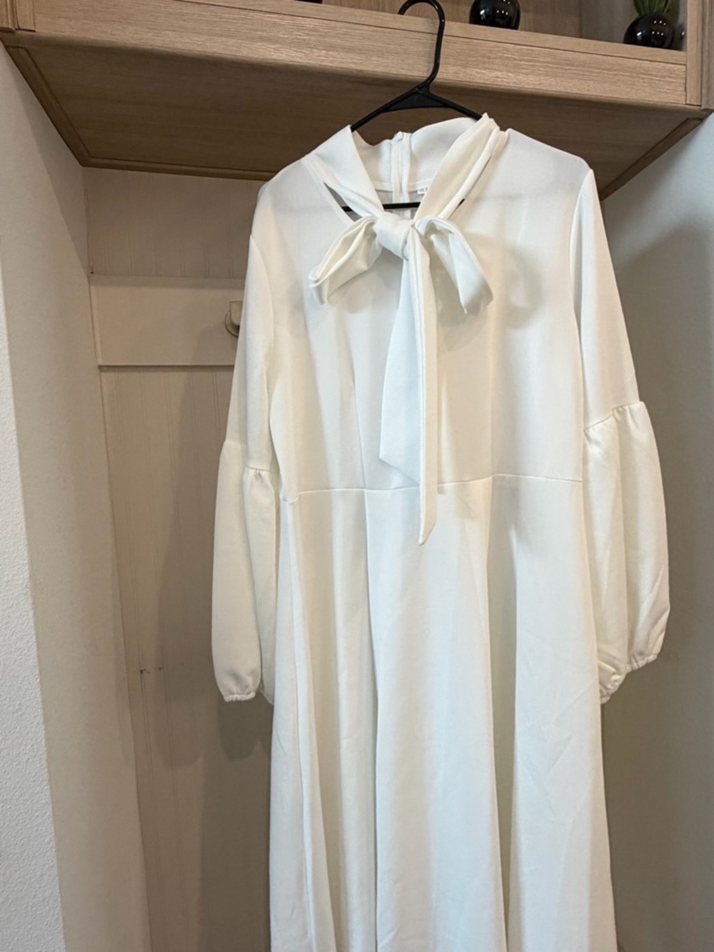 Tie-Neck Long Sleeve White Midi Dress
